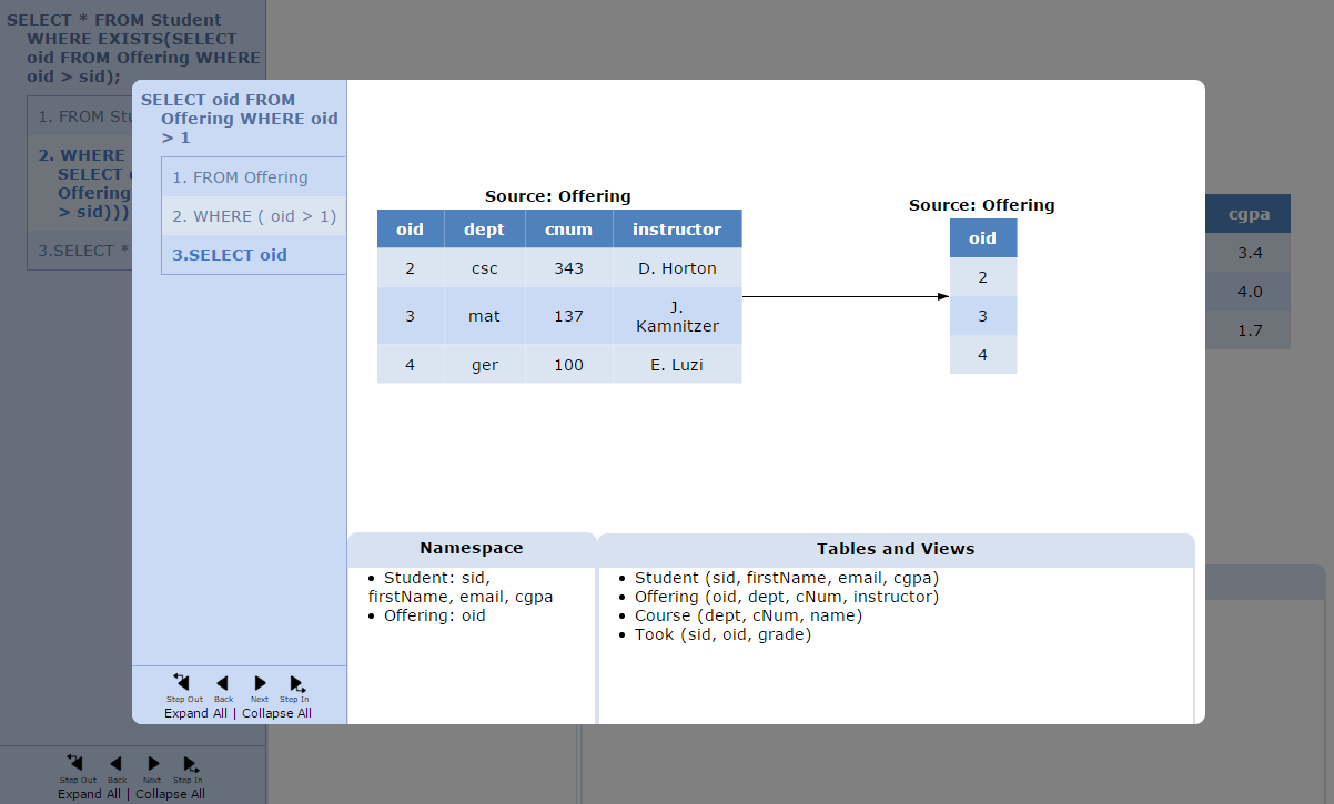 The query SELECT * FROM Student WHERE EXISTS(SELECT oid FROM Offering WHERE oid > sid with the subquery open. The row that opened the subquery has an sid of 1.